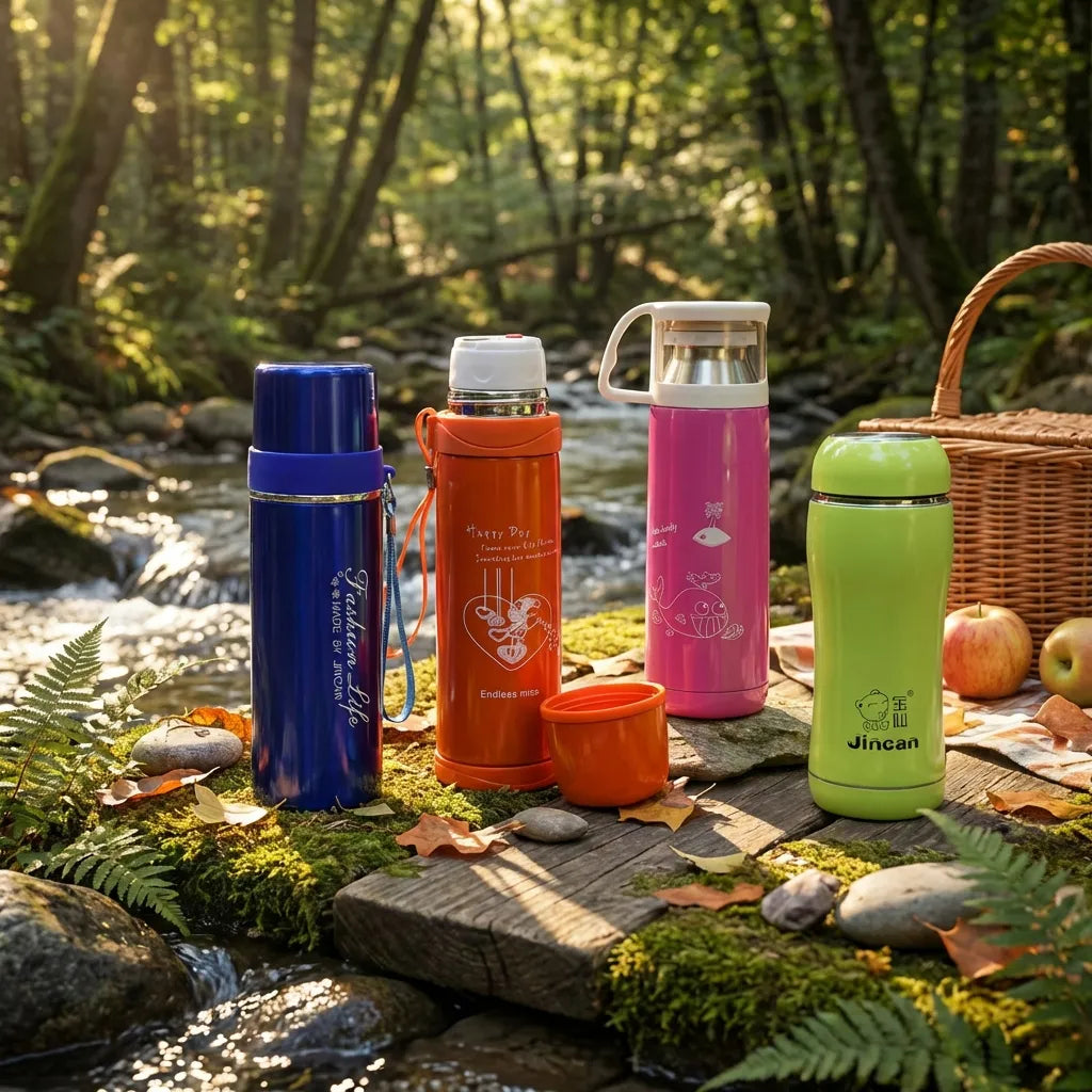 Steel insulated water bottles in blue, orange, pink, green standing on wooden bench