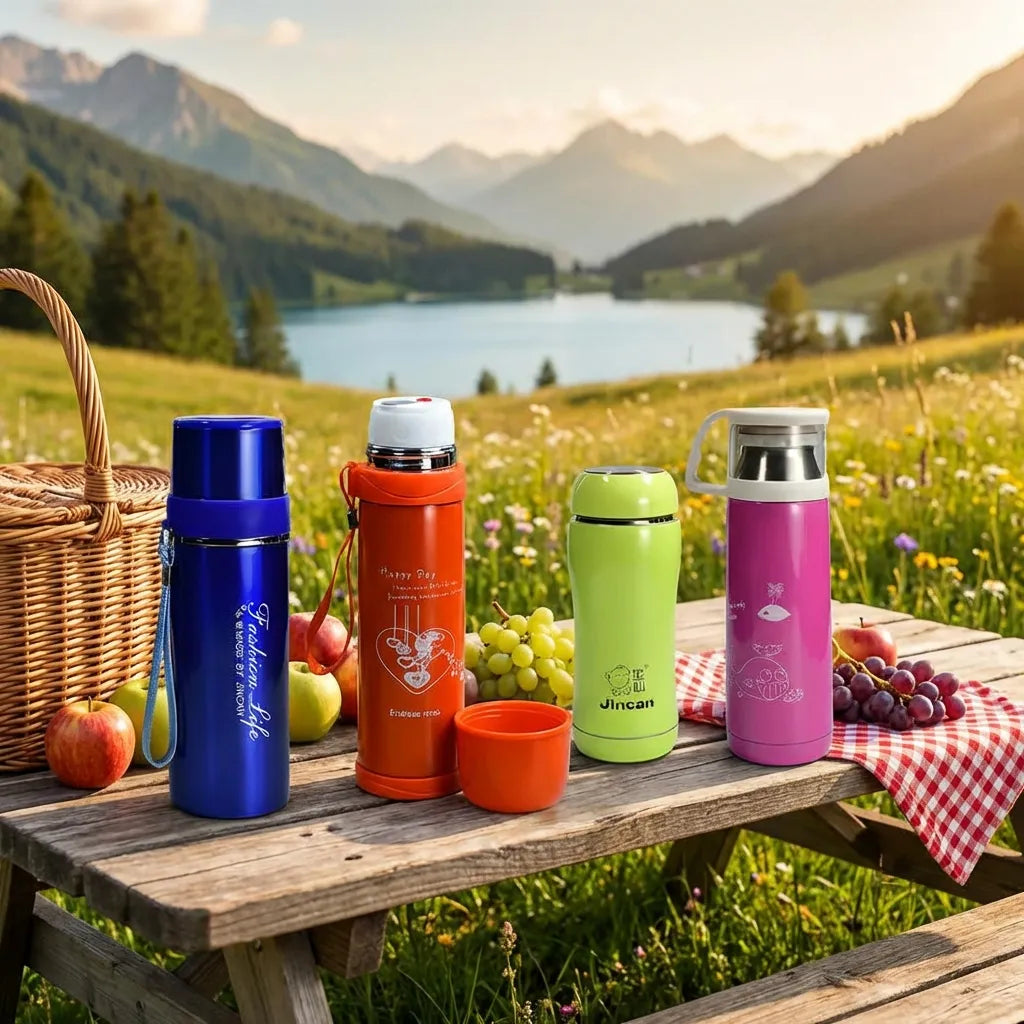 Steel insulated water bottles in blue, orange, green, pink with white caps on picnic setup