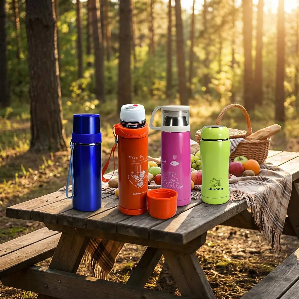 Steel insulated water bottles in blue, orange, pink, green with carry handles and caps