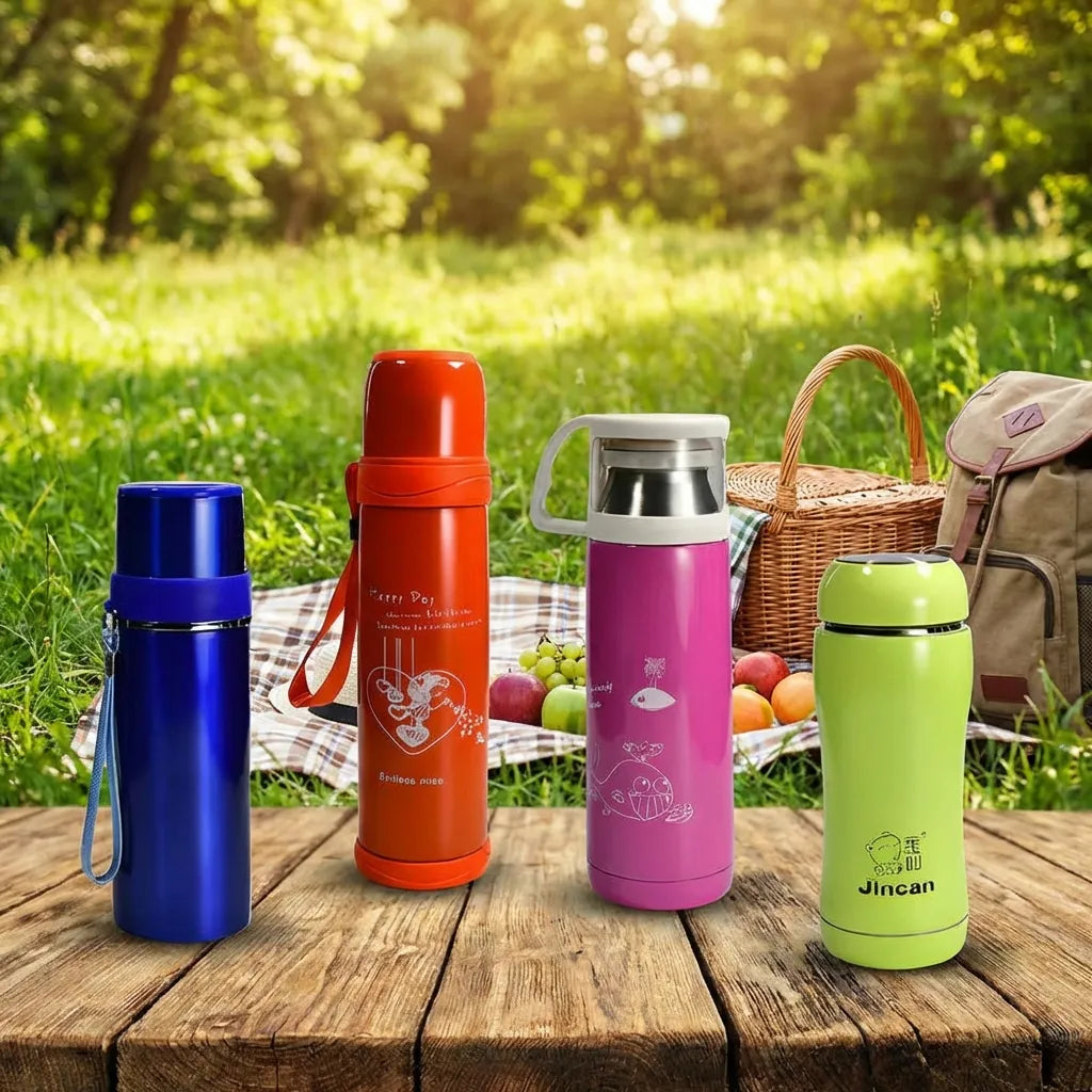 Steel insulated water bottle set: blue, orange, pink, green on outdoor picnic table