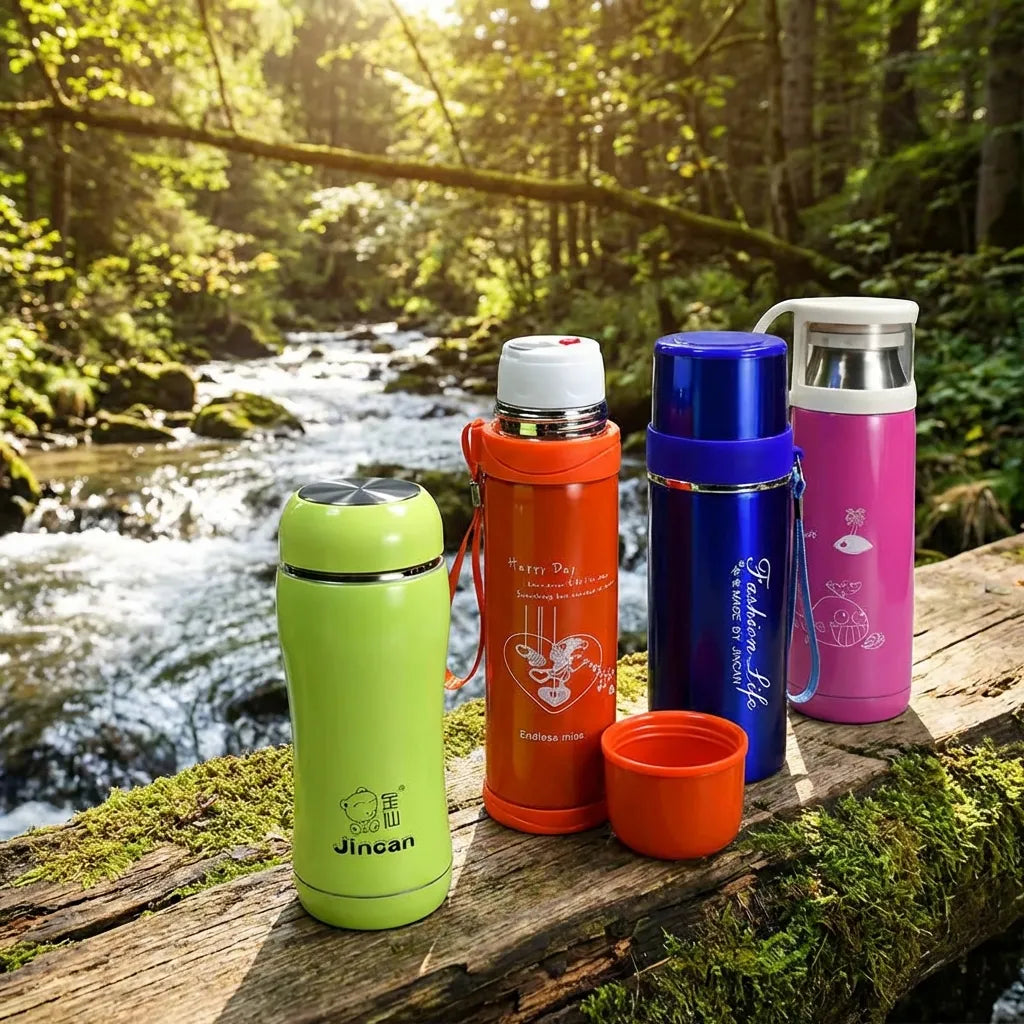 Steel insulated water bottles in green, orange, blue, pink with caps and matching cups