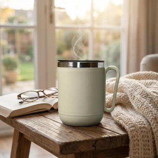 Cream ceramic mug with lid and side handle