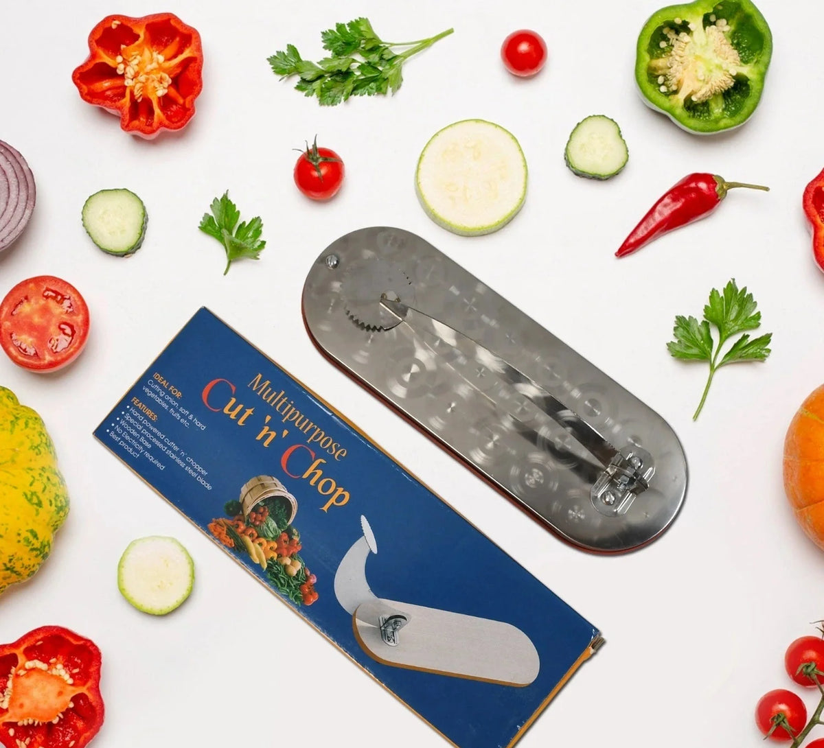 Steel vegetable cutter with long curved stainless-steel blade and handle guard