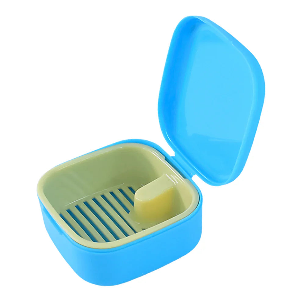 Blue storage box with draining tray and removable soap dish, open lid