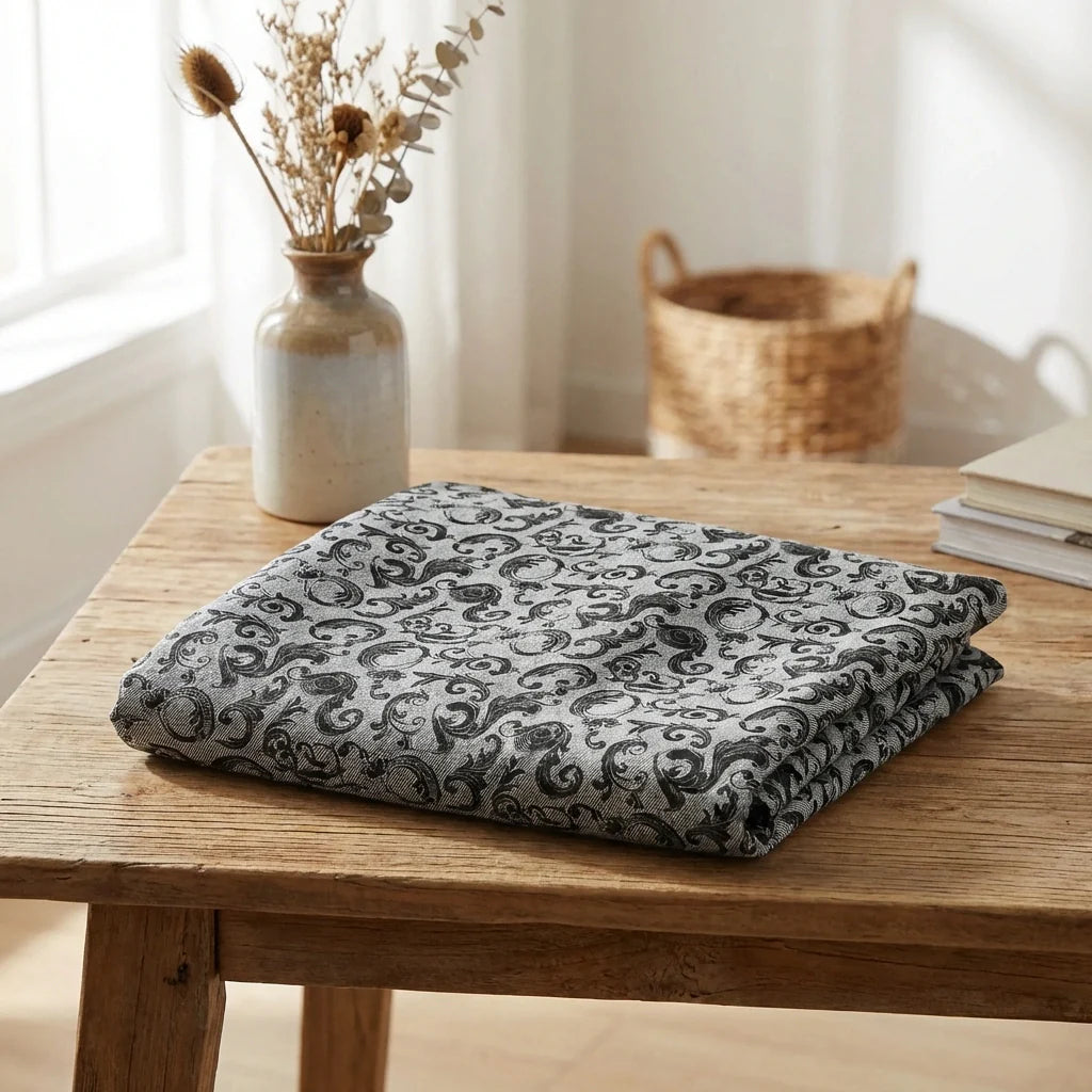 Stretchable AC cover with ornate gray-and-black pattern