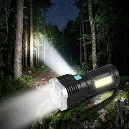 Black LED torch light with wide front head, bright beam and lanyard cord