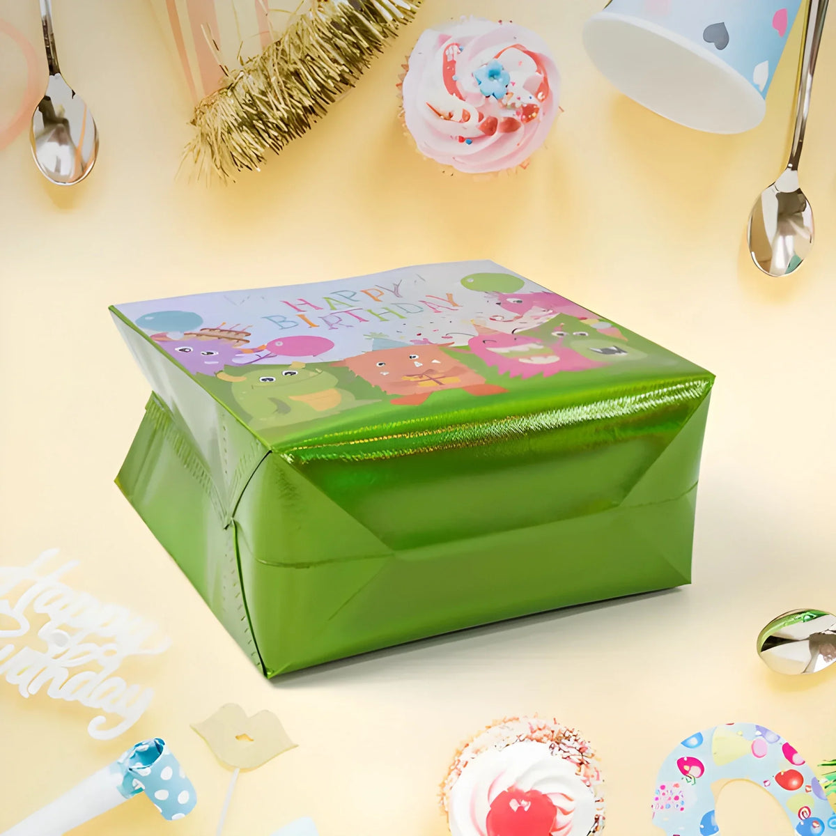 Reusable party bag with green glossy finish and colorful Happy Birthday print on top