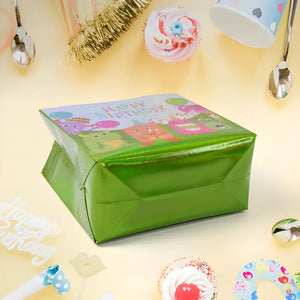 Reusable party bag with green glossy finish and colorful Happy Birthday print on top