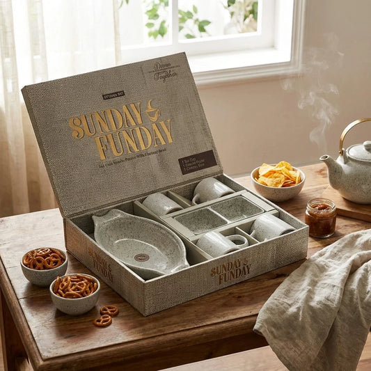 Ceramic tea cup set with saucers and cups in gift box, light gray.