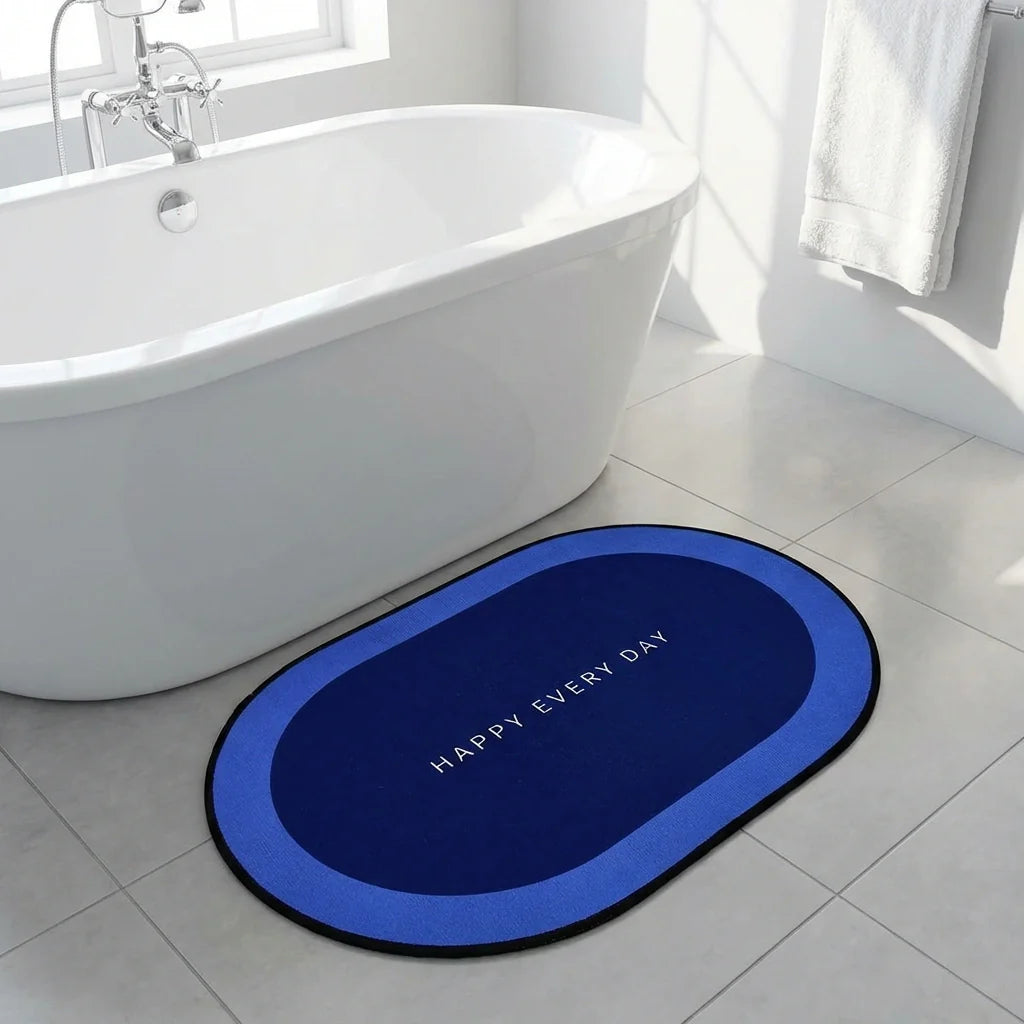 Dark blue super absorbent bath mat with oval center and "HAPPY EVERY DAY" text