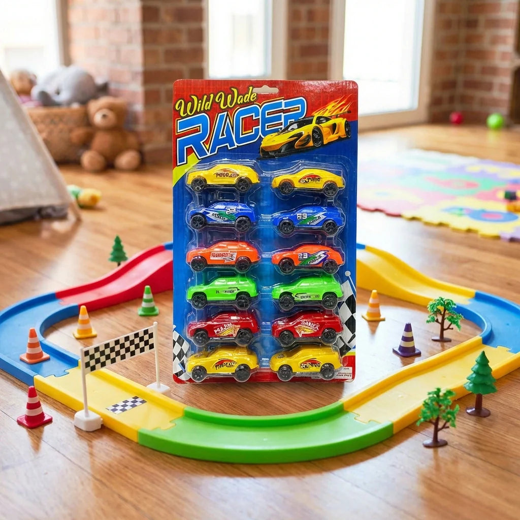 Race car toy set box with 12 colorful cars displayed