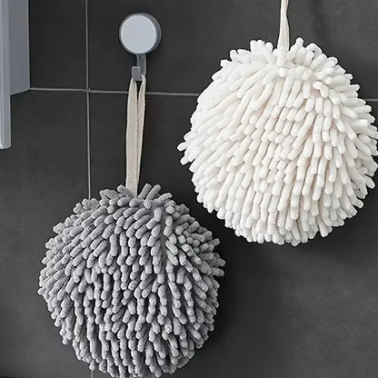 Super soft hanging hand towel, white and gray looped pom-pom design