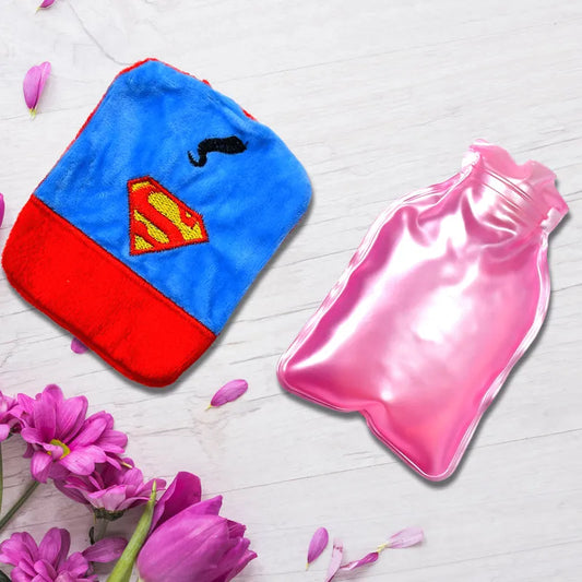 Small hot water bag with cover, blue fabric with red trim and Superman-style logo