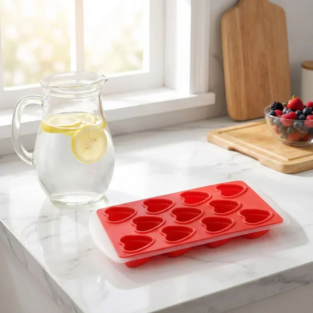 Red silicone ice tray with 12 heart-shaped ice molds