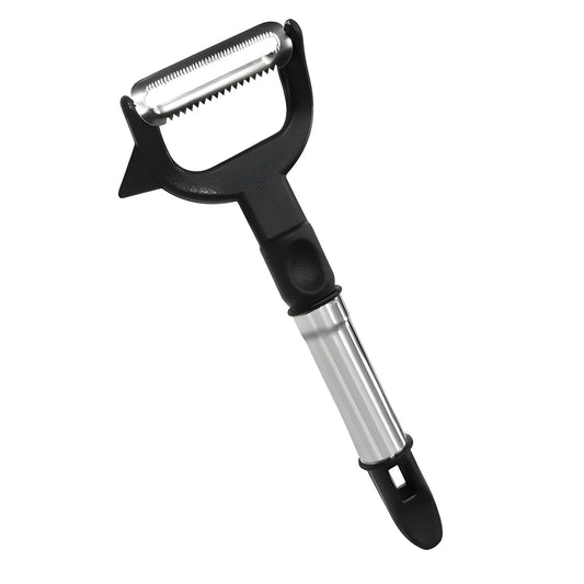 Swivel vegetable peeler with black handle and stainless steel blade