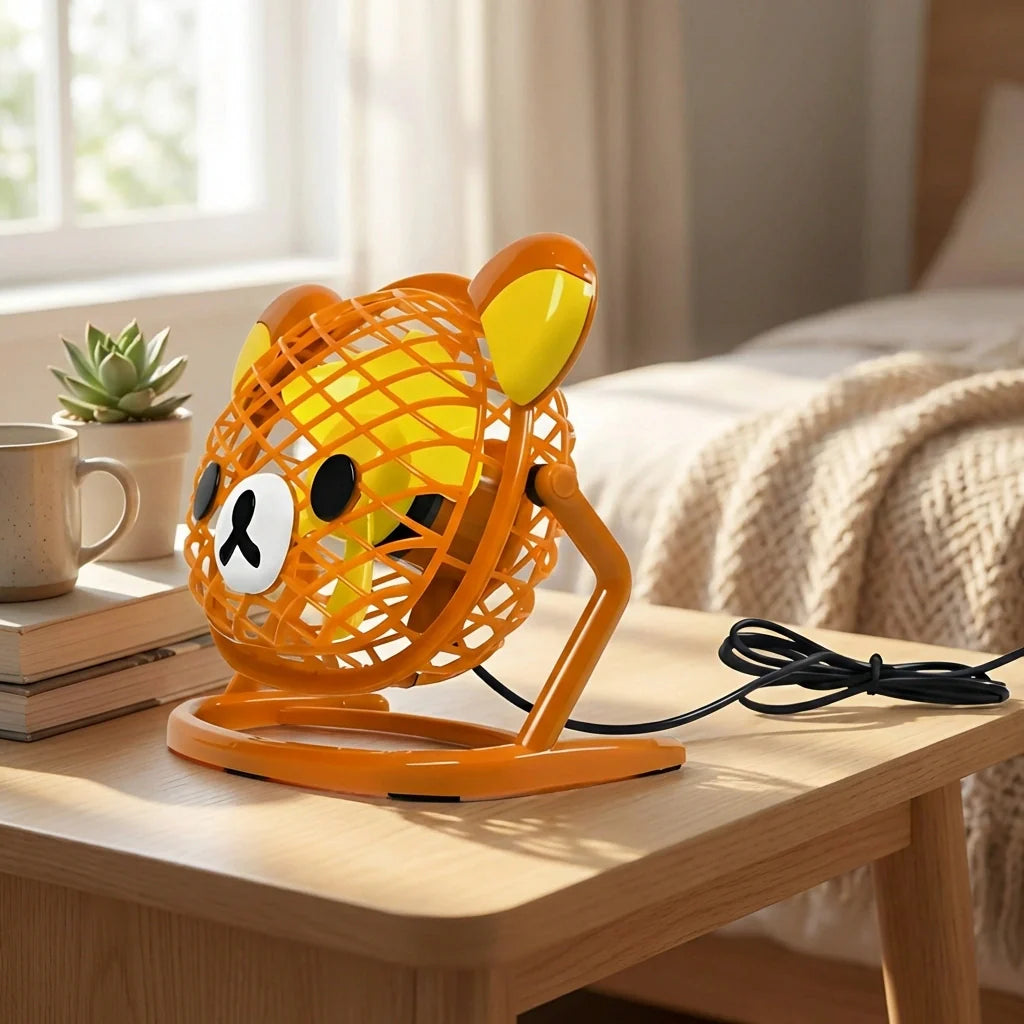 Orange teddy-bear portable fan with adjustable head and yellow top, on a base
