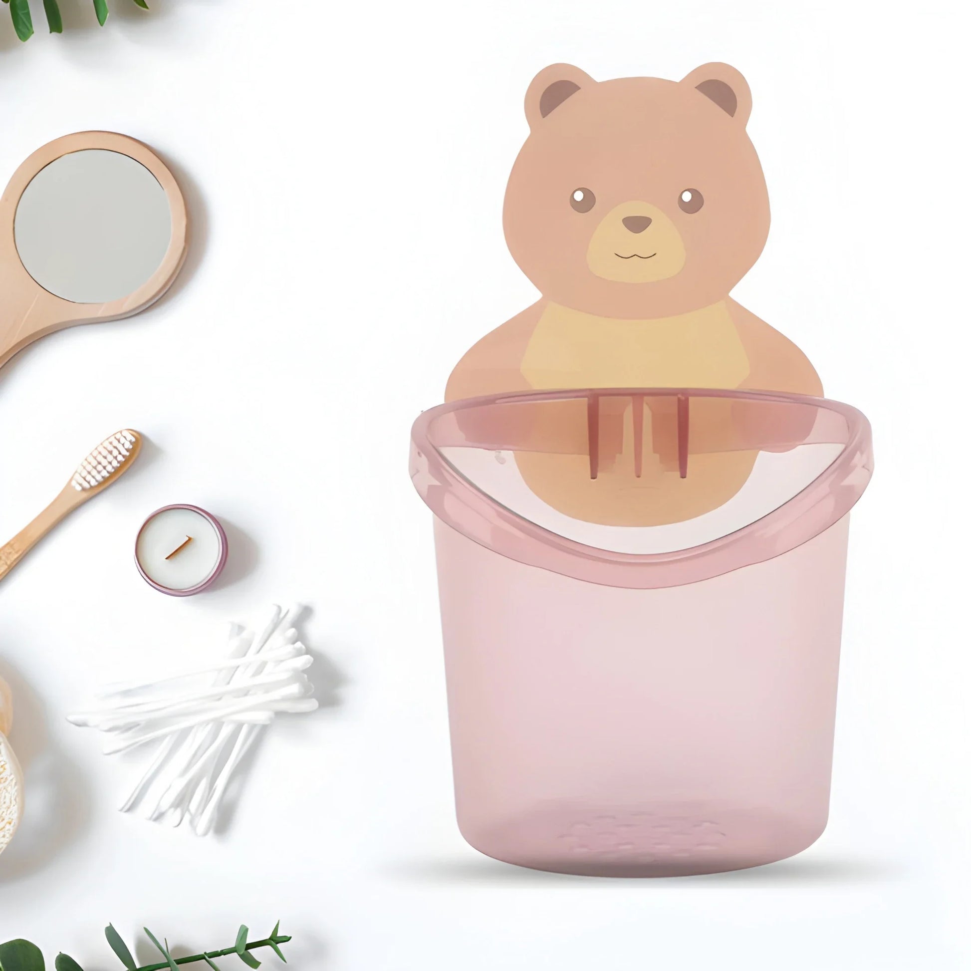 Teddy bear toothbrush holder with pink cup and bear-face lid