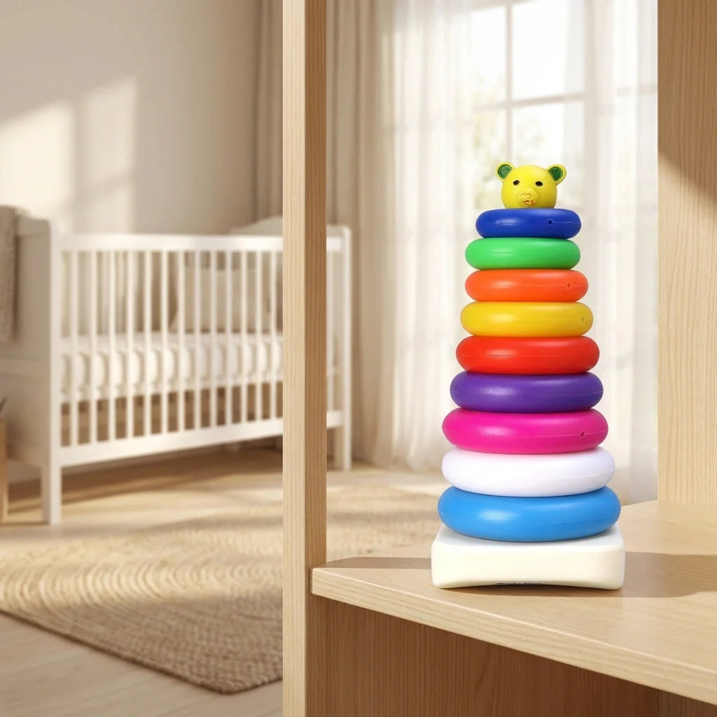 Stacking ring toy with bear topper and rainbow colored rings on base