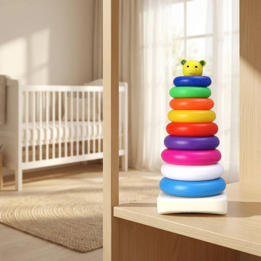 Stacking ring toy with bear topper and rainbow colored rings on base