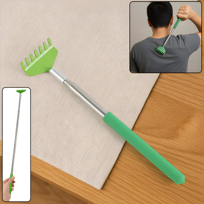 Telescopic back itch stick with green spiked head and silver extendable handle