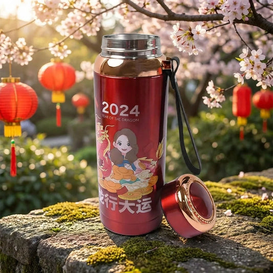Red thermal vacuum bottle with stainless lid, side handle, and printed dragon design