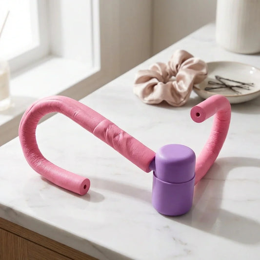 Thigh and arm toner with pink foam handles and purple base, curved bar