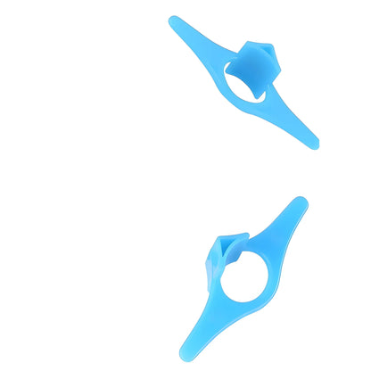 Blue thumb book holder clip with open circular grip, side view