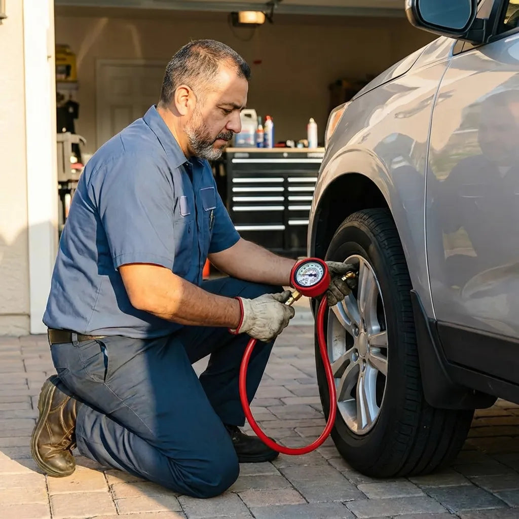 Tire inflator gauge with red hose and circular pressure dial, checked on front tire