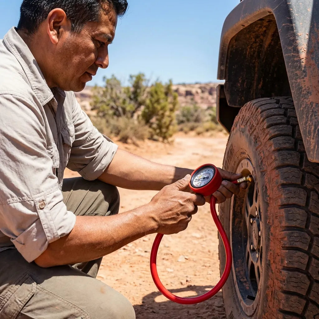 Outdoor tire inflator gauge with pressure dial and red hose, used on front wheel