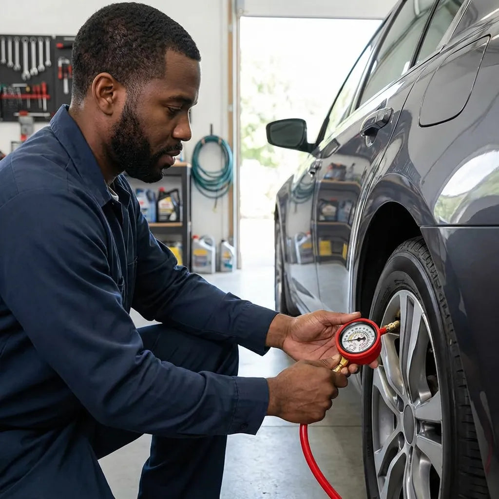 Pressure inflator gauge with red hose and dial connected to a car tire in a shop