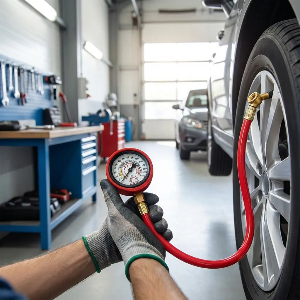Tire inflator gauge with red hose and round pressure dial held near wheel in garage