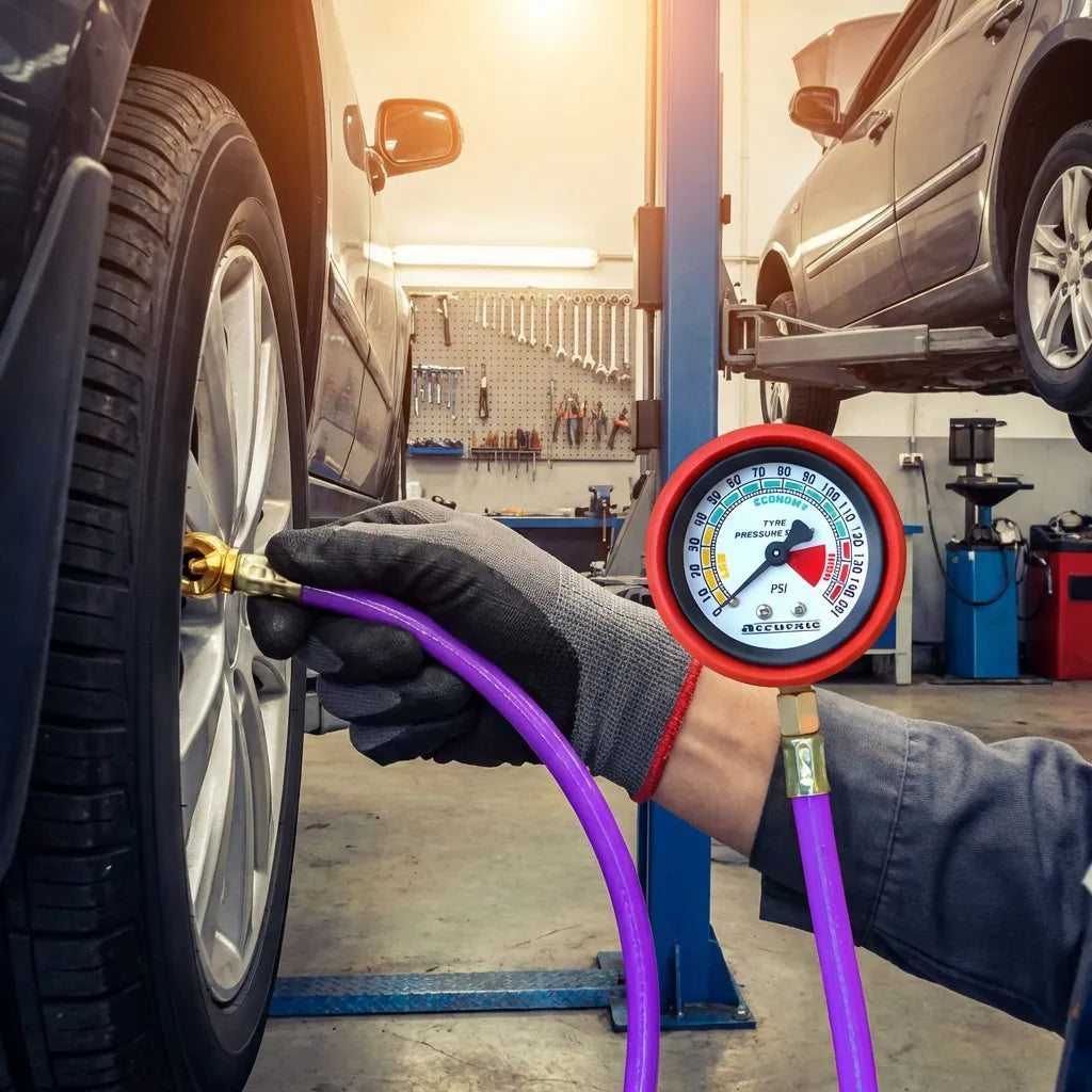 Tire inflator gauge showing pressure dial, red gauge face with purple hose connected