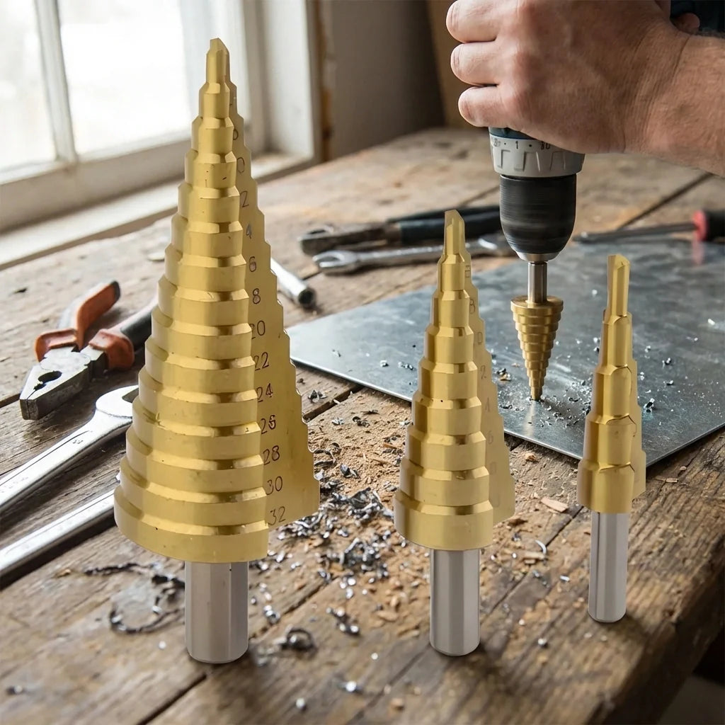 Gold titanium step drill bit set with multiple conical sizes on a workbench