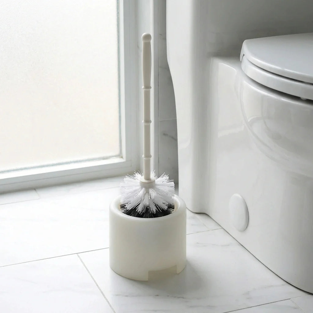 Toilet brush with potted holder, white handle and round holder with bristle head