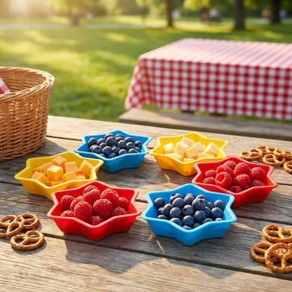 Colorful snack bowls with blueberries and raspberries on a wooden table
