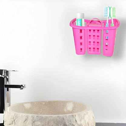 Pink 4-in-1 toothbrush holder stand with slots and cup for toothbrushes