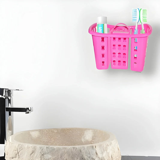Pink 4-in-1 toothbrush holder stand with slots and cup for toothbrushes