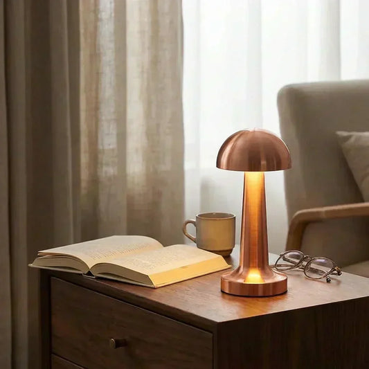 LED table lamp with warm glow, domed shade, and slim base