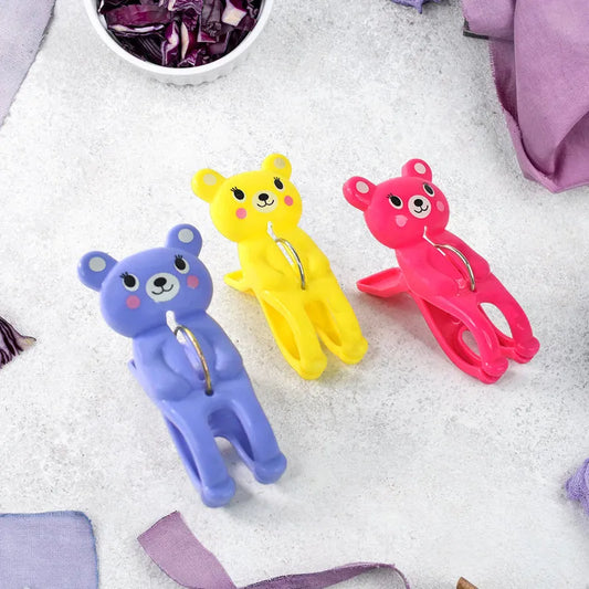 Bear-shaped windproof towel clips, blue, yellow, and pink with metal clasps