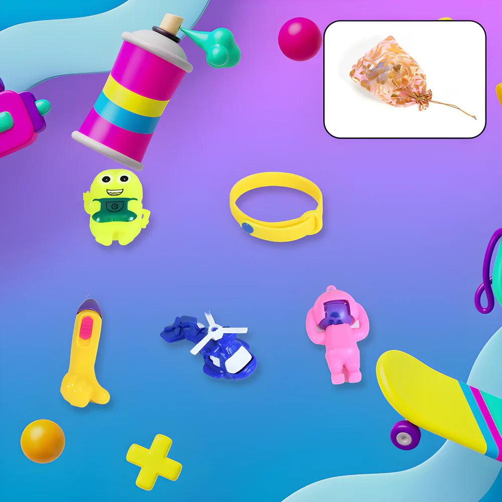 Toy combo gift set with assorted colorful toy figures, accessories, and parts