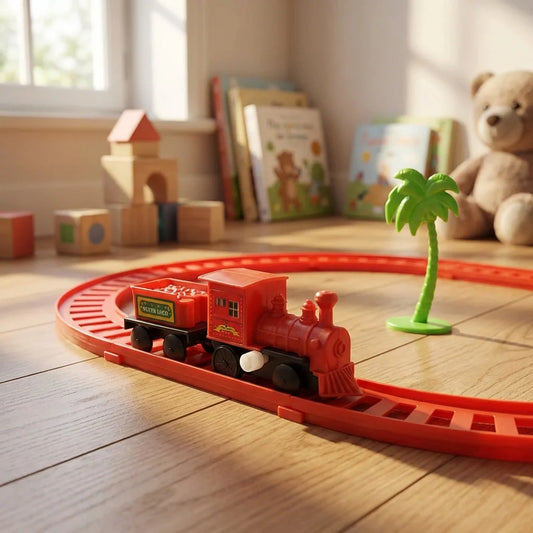 Kids train play set with red toy locomotive on curved track and palm tree