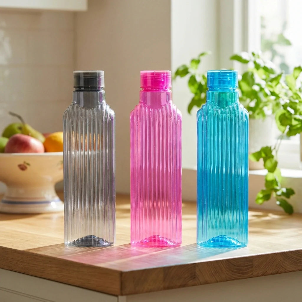Transparent fridge water bottle set of 3: clear gray, pink, and blue