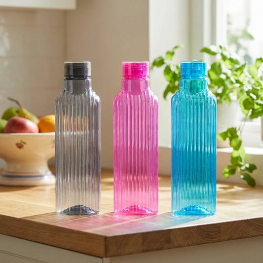 Transparent fridge water bottle set of 3: clear gray, pink, and blue
