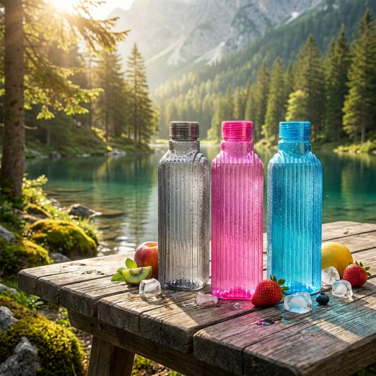 Set of three transparent fridge water bottles: clear, pink, and blue