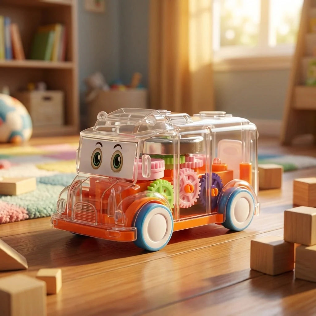 Mini transparent musical school bus toy with smile face, orange body, gear accents