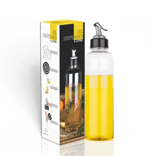 Transparent oil dispenser bottle with metal pump spout, clear 1 L capacity