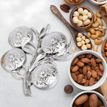 Silver tree-shaped serving tray with four round decorative insets