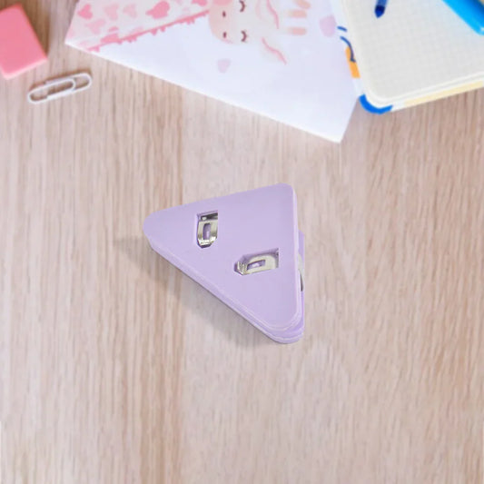 Triangle paper clip with purple triangular body and two metal clips