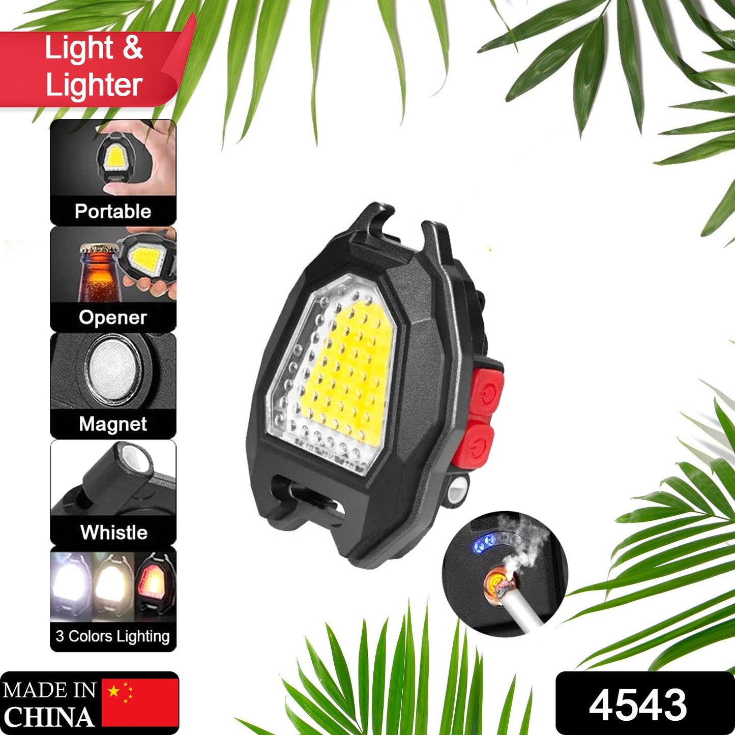 Triangular portable camping flashlight, black with red buttons and LED panel