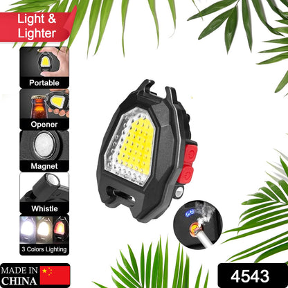 Triangular portable camping flashlight, black with red buttons and LED panel